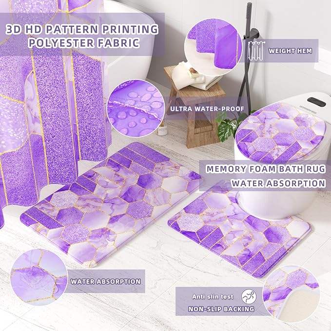 XLHOMO Bathroom Set - 26PC Bathroom Set with Shower Curtain and Rugs, Bathroom Accessory Set, Purple Bathroom Accessories Set, Trash Can & Soap Dispenser