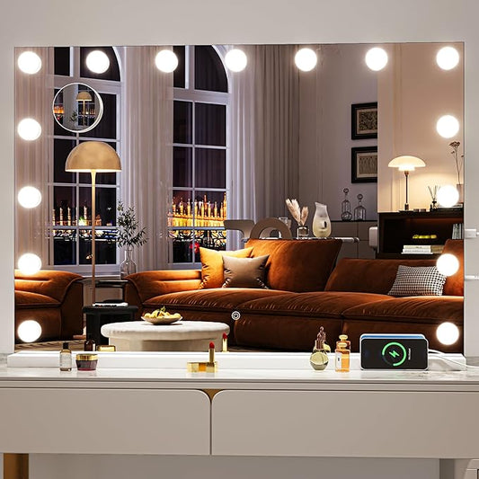 Hasipu Hollywood Vanity Mirror with Lights, 32" x 22" Makeup Mirror with 15 Dimmable LED Bulbs 3 Color Modes & Detachable, 5X Magnifying Glass, Touch Control, USB and Type-C, Tempered Glass