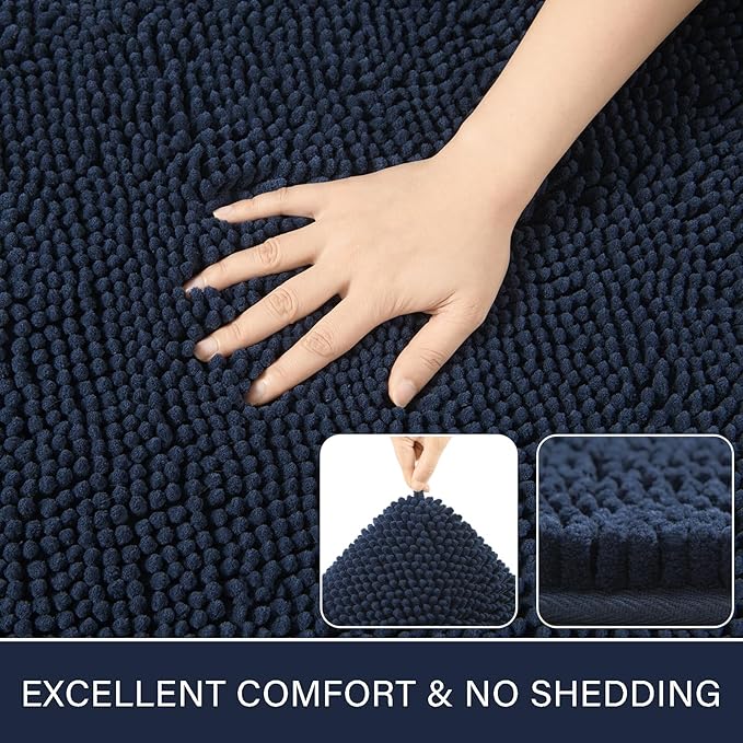 LOCHAS Luxury Bathroom Rug Shaggy Bath Mat 24 x 36 Inch, Washable Non Slip Bath Rugs for Bathroom Shower, Soft Plush Chenille Absorbent Carpets Mats, Navy