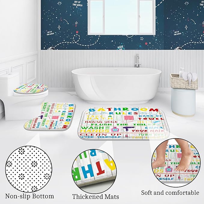 Poedist 4 Pcs Bathroom Shower Curtain Set,Kid's Bathroom Set, Space Shower Curtain Sets with Rugs(Bath Mat,U Shape and Toilet Lid Cover Mat) and 12 Hooks-05