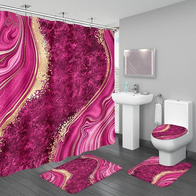 4PCS Pink Gold Marble Bathroom Sets with Shower Curtain and Rugs, Hot Pink Shower Curtain Sets with Rugs, Abstract Bathroom Curtains Shower Set with Accessories