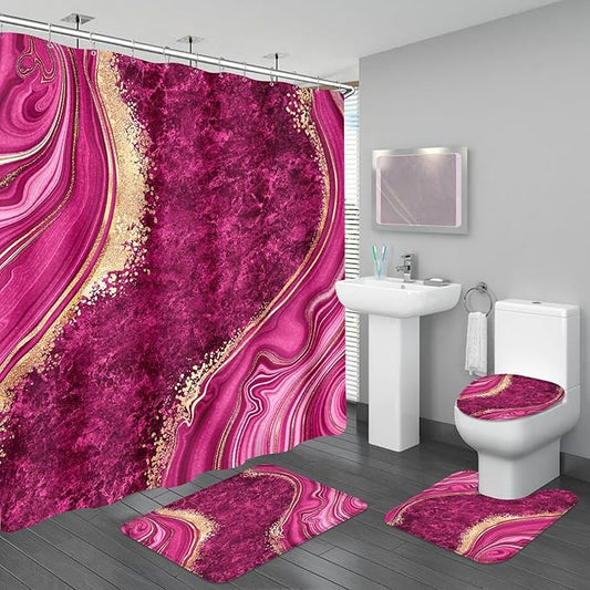 4PCS Pink Gold Marble Bathroom Sets with Shower Curtain and Rugs, Hot Pink Shower Curtain Sets with Rugs, Abstract Bathroom Curtains Shower Set with Accessories