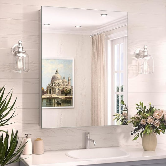 TokeShimi 24x32 Mirrored Medicine Cabinet Recessed or Wall Mount, Aluminum Tempered Silver Bathroom Medicine Cabinet with Mirror with Stepless Adjustable Storage Metal for Modern Farmhouse