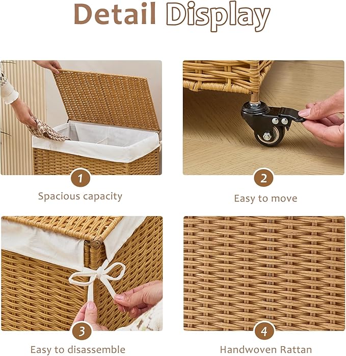 Handwoven Hamper with Lid, Laundry Basket with Wheels, Machine Washable Liner, 2 Section Clothes Hamper for Bathroom Laundry Room Bedroom, Rattan, 125L