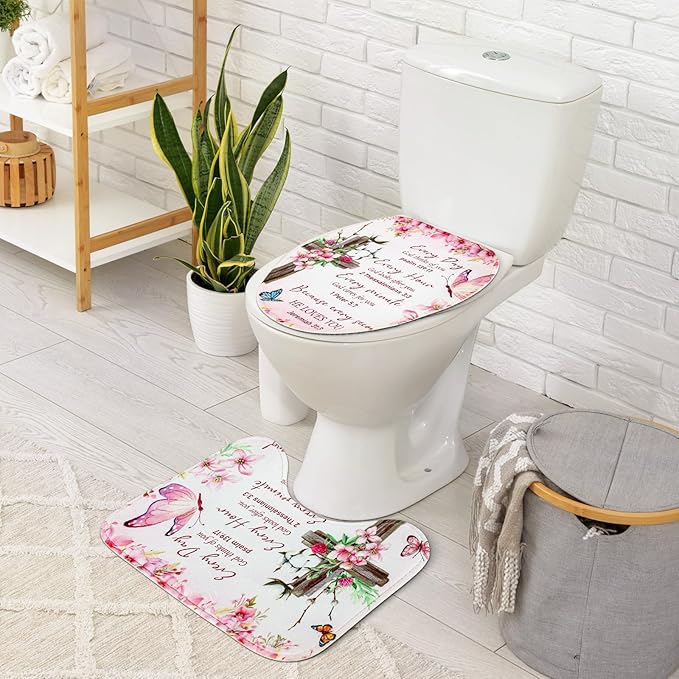 4 Pcs Pink Butterfly Inspirational Quotes Shower Curtain Set with Rugs and Toilet Lid Cover, Christian Cross Bathroom Set Encouraging Bible Verses Floral Bathroom Decor Set Accessories