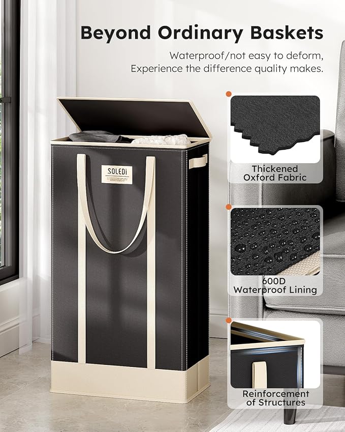 SOLEDI 75L Slim Laundry Basket with Lid,Collapsible Narrow Laundry Hamper with Handles,Tall Skinny Dirty Clothes Hamper for Laundry Room,Dorm,Bathroom,Bedroom,and Small Spaces, 75L Black