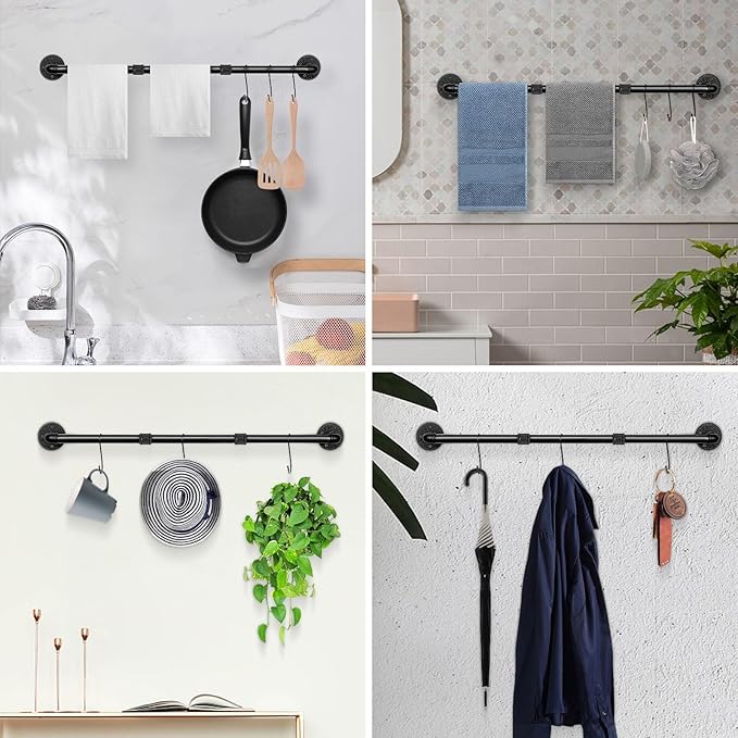 Industrial Pipe Towel Rack Towel Bar, Heavy Duty Wall Mounted Rustic Farmhouse Bath Towel Holder for Bathroom (Black, 42 inch)