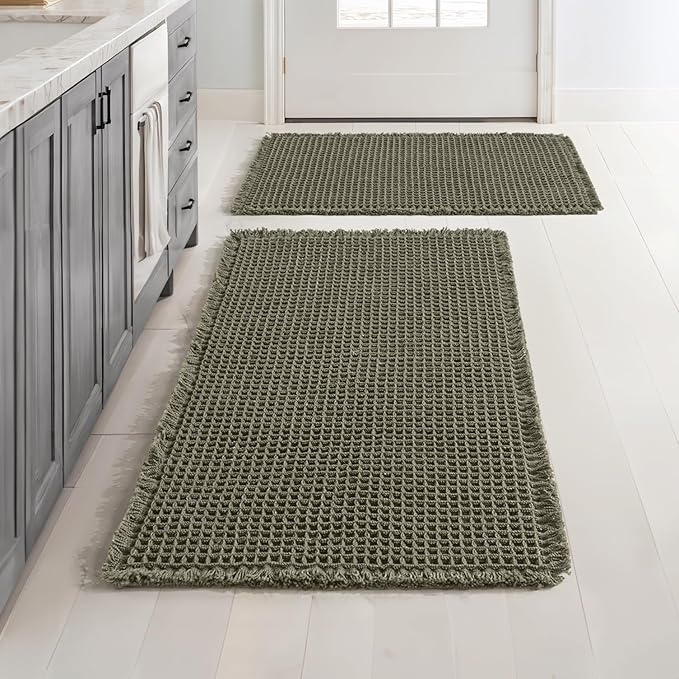 MIULEE Set of 2 Waffle Bathroom Rugs, Super Absorbent Non Slip Bath Rugs, Washable Bath Mats with Tassels, Ultra Soft Rubber Backed Shower Mat for Bathroom Floor, Tub, Green, 17"x24"+18"x30"