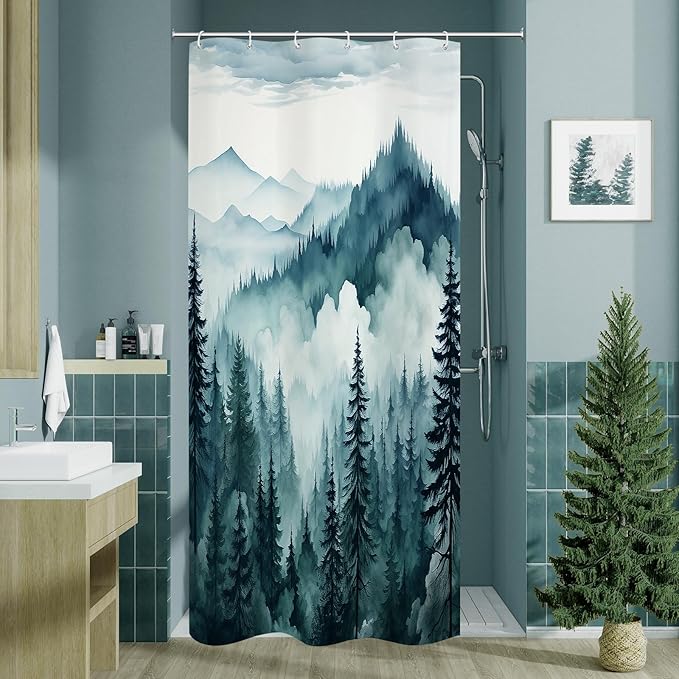 Peacock Blue Small Stall Misty Pine Forest Shower Curtain 36 x 72, Mountain Foggy Woodland Scenery Tree Narrow Half Size Shower Curtains for Bathroom, Abstract Waterproof Nature-Themed Decor