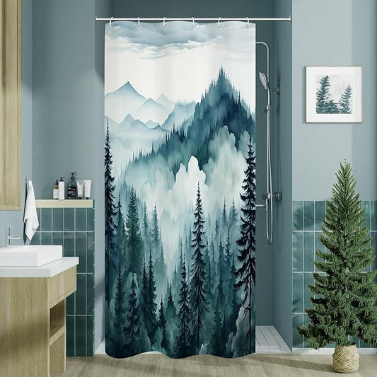 Peacock Blue Small Stall Misty Pine Forest Shower Curtain 36 x 72, Mountain Foggy Woodland Scenery Tree Narrow Half Size Shower Curtains for Bathroom, Abstract Waterproof Nature-Themed Decor