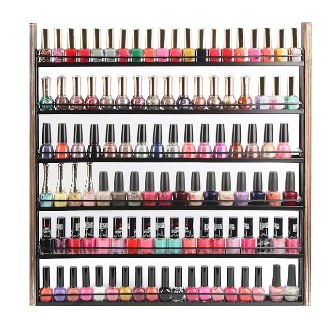 J JACKCUBE DESIGN Rustic Wood Nail Polish Organizer with 6 Tier shelves 100 bottles Wall Mount Display Rack Makeup Bottles Holder Storage for Nail Salon Bedroom Dress room - MK528A