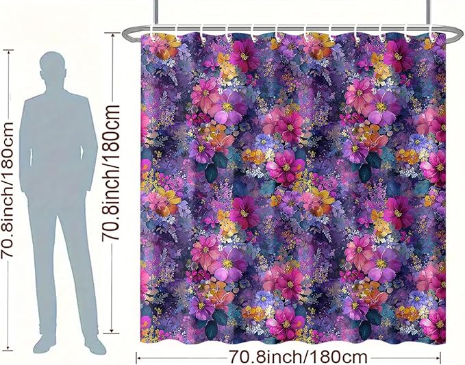 Floral Shower Curtain 72x72 Inch Fabric Bathroom Curtain Purple Flower Print for Boho Bathroom Decor