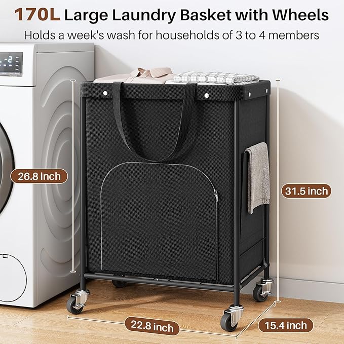 170L Large Laundry Basket with Wheels, Rolling Laundry Hamper Easy Access Clothing Minimizes Bending, Laundry Cart with 4 Silent Casters & Removable Bag for Bedroom, Bathroom, Laundry Room