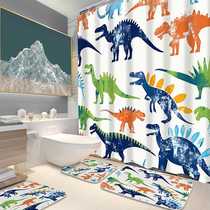 Colorful Cute Dinosaur Bathroom Sets with Cartoon Funny Kids Boys Shower Curtain and 20 x 31 Rugs Bathroom Accessories Sets Decor with Bath Rug, Bath Mat, U-Shaped Contour and Hooks 72 x 72 Inch