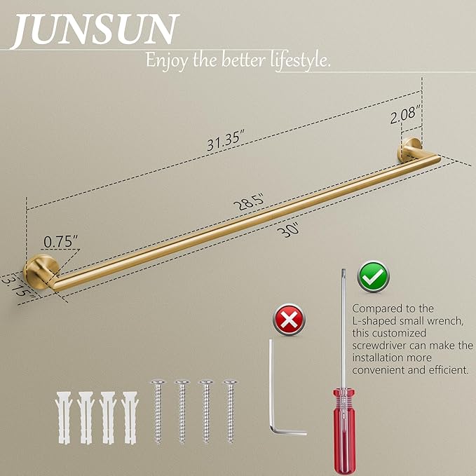 JunSun Towel Bar 30 Inch Bathroom Towel Rack Heavy Duty Bath Towel Holder Modern Towel Rod Brushed Brass Towel Hanger Bathroom Accessories Gold Towel Rail Stainless Steel Single Towel Bar Brushed Gold