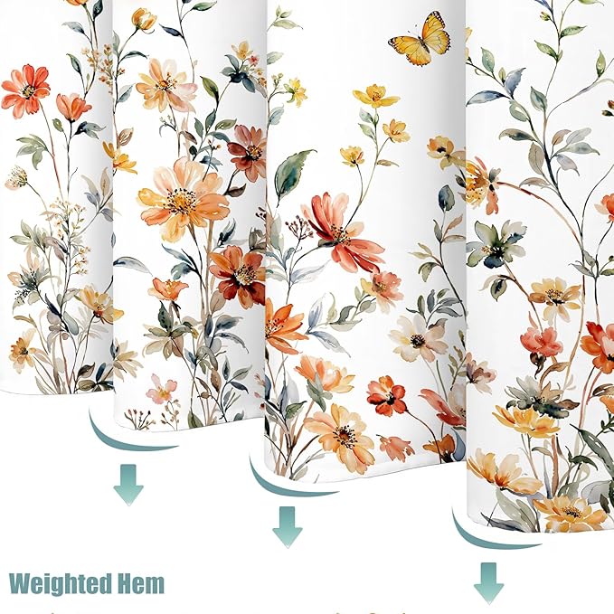 Aipon Watercolor Floral Shower Curtain Colorful Wildflower Shower Curtains for Bathroom Boho Pink Orange Spring Flower Butterfly Botanical Waterproof Fabric Bath Curtain Decor 72 X 72 Inches