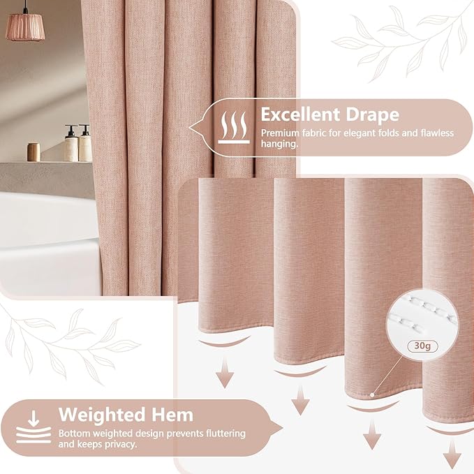 Dusty Rose Linen Look Vintage Shower Curtain Water-Resistant, Faux Linen Textured Thick Fabric Shower Curtain Washable, 72 x 72 Inch Blush Pink Heavyweight Shower Curtains for Bathroom