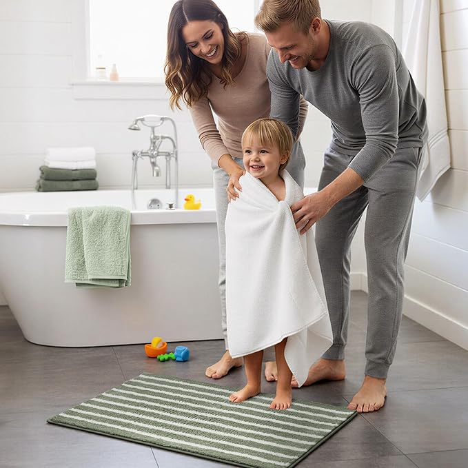 GRANNY SAYS Striped Bathroom Rugs Non Slip, 20" x 32", Bath Rugs for Bathroom Washable, Bath Mats for Floor, Microfiber Bath Mat for Tub, Absorbent Bath Rugs for Shower Room, Sage Green