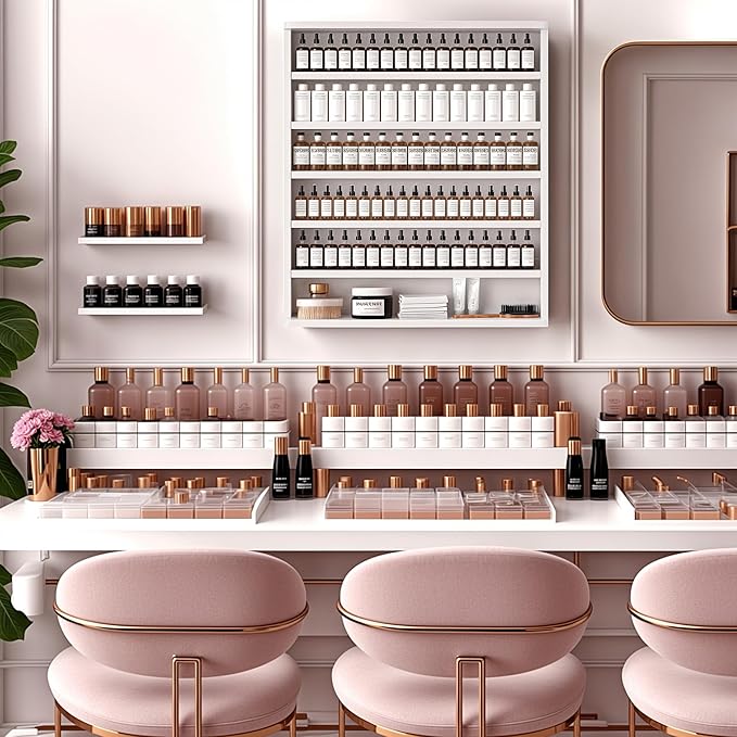 Kikihouse Nail Polish Rack, 6 Tiers Nail Polish Storage & Display Shelf w/Acrylic Baffles, Wall Mount Wood Nail Polish Organizer Perfume Bottles Essential Oil Holder for Home & Salon, White