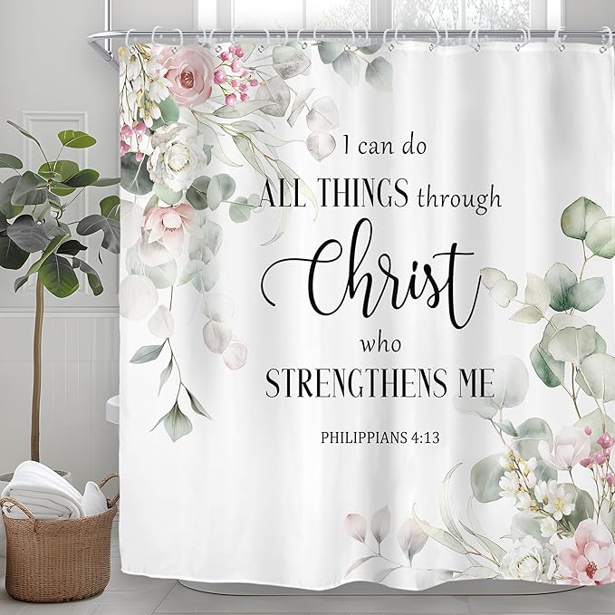 Riyidecor Eucalyptus Bible Verse Shower Curtain for Bathroom Decor 72Wx72H Green Leaf Pink Rose Christian Quotes Botanical Plant Scripture Art Printed Fabric Polyester Waterproof 12 Pack Plastic Hooks