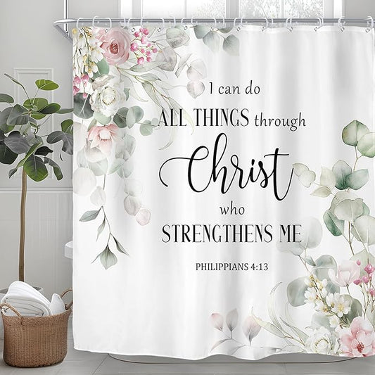 Riyidecor Eucalyptus Bible Verse Shower Curtain for Bathroom Decor 72Wx72H Green Leaf Pink Rose Christian Quotes Botanical Plant Scripture Art Printed Fabric Polyester Waterproof 12 Pack Plastic Hooks