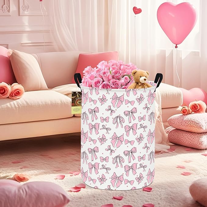 HUNRUNG Laundry Hamper,Large Canvas Fabric Lightweight Storage Basket Toy Organizer Dirty Clothes Collapsible Waterproof for College Dorms???Round-Pink Bow???