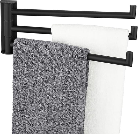 Aomasi Matte Black Swivel Towel Bar, 304 Stainless Steel Rotating Towel Rack with 3 Arms, Space Saving Wall Mounted Hanger for Bathroom, Kitchen, RV, Laundry Room