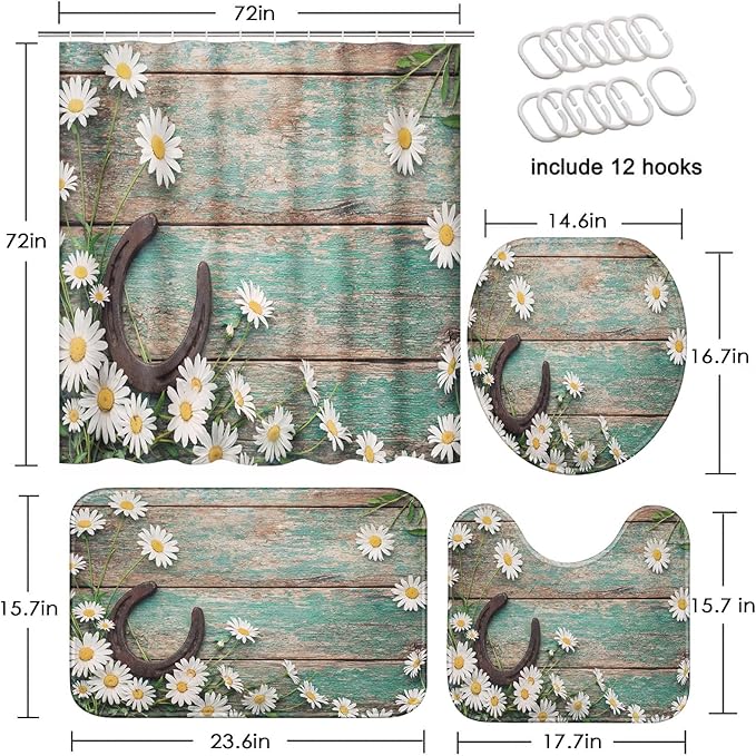 Britimes 4 Piece Shower Curtain Sets, Western Rustic with Non-Slip Rugs, Toilet Lid Cover and Bath Mat, for Bathroom Decor Set, 72" x 72"