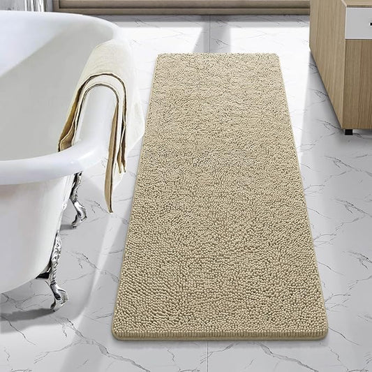 LOCHAS Luxury Bathroom Rug Shaggy Bath Mat 48 x 17 Inch, Washable Non Slip Bath Rugs for Bathroom Shower, Soft Plush Chenille Absorbent Carpets Mats, Beige
