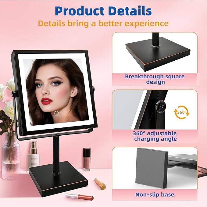 Ruacq Makeup Mirror with Lights, 4000mAh Rechargeable Magnifying Mirror with Light, 1X/10X, Height Adjustable Bathroom Vanity Mirror, 3 Colors, Adjustable Brightness (Oil Rubbed Bronze)
