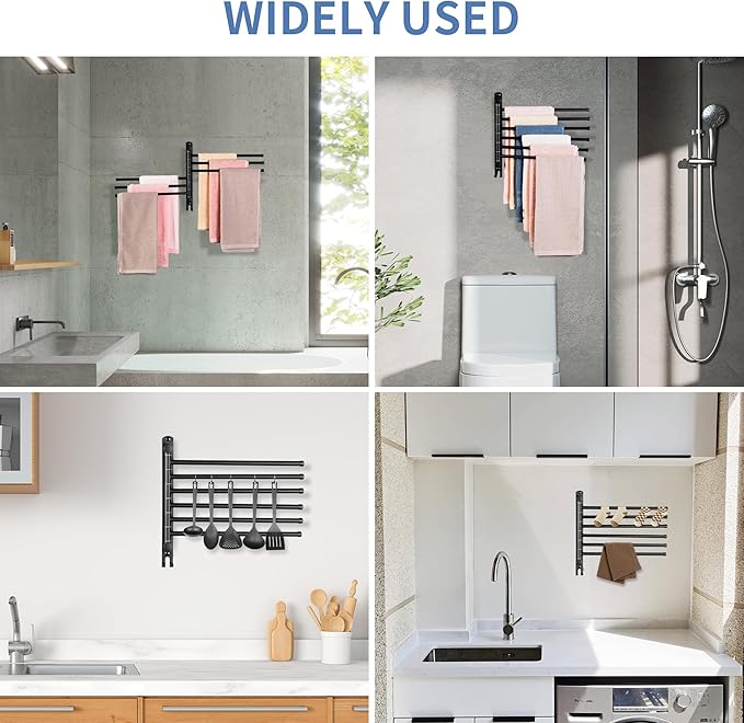 Swivel Towel Rack, 12.6 Inch Towel Bar with Wall Mounted 180° Rotation, 6 Arms Towel Hanger SUS 304 Stainless Steel, Space Saving for Kitchen, Bathroom, Outdoor, Matte Black