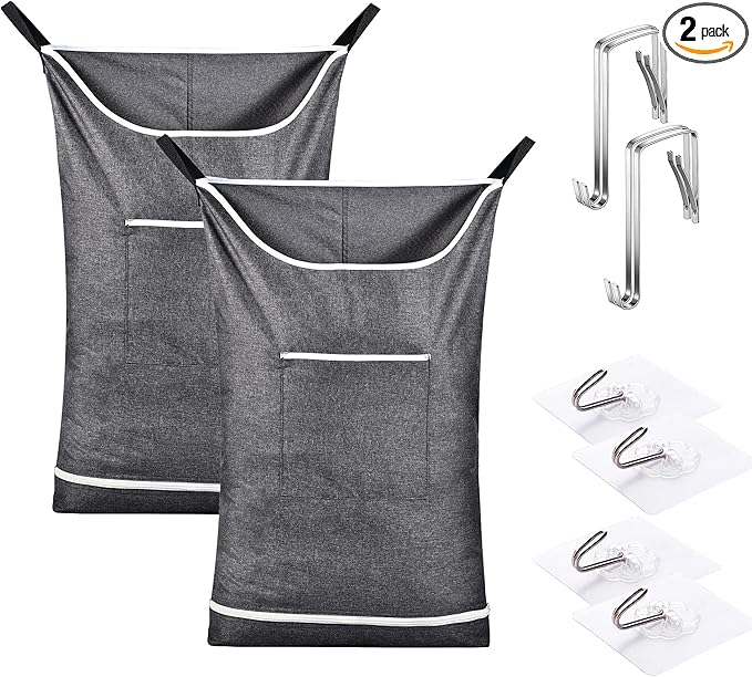 Hanging Laundry Hamper Bag Behind Door Hampers for Laundry Hanging Save Space Zipper Laundry Hamper Door Hanging with 2 PCs Stainless Steel Hooks Suction Hooks for Wall/Bathroom (Grey-2Pack)
