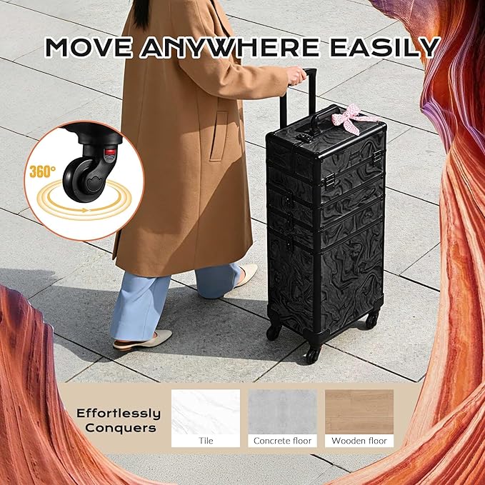 BYOOTIQUE 4in1 Rolling Makeup Case with 2 Makeup Brush Bag, Professional Cosmetic Train Case on Wheels for Makeup Artist Travel Hairstylist