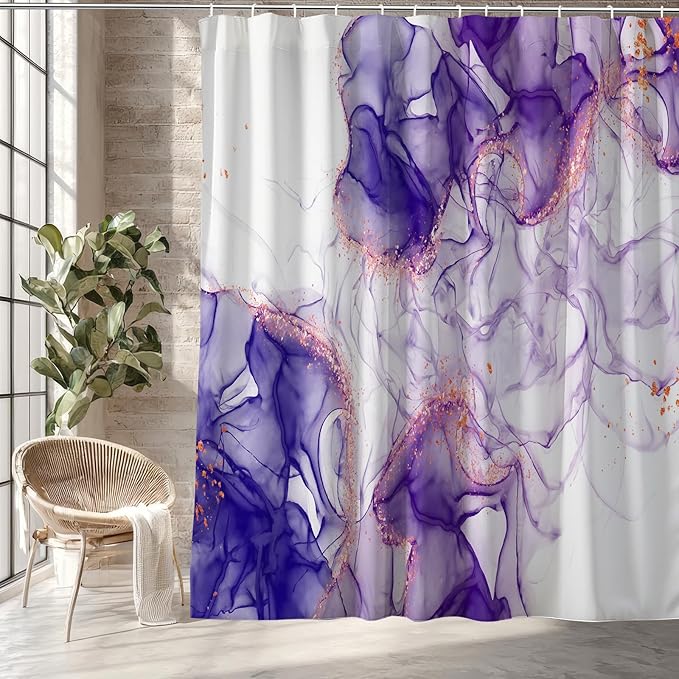 Purple Shower Curtain Marble Abstract White Ink Art Painting Modern Lavender Fabric Shower Curtains for Bathroom Decor 72x72 Inch