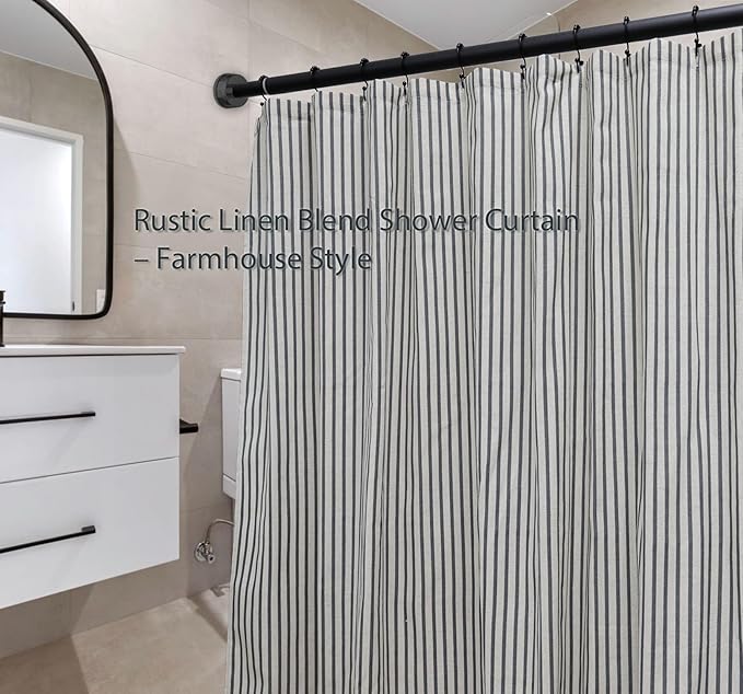 Farmhouse Striped Shower Curtain - 72x72 Inches, Linen Blend Fabric, Breathable & Machine Washable, Rustic Black for Bathroom Decor (Hooks/Liner Not Included)