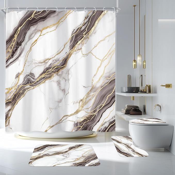 Newsely 4Pcs White Marble Shower Curtain Set with Non-Slip Rugs, Toilet Lid Cover and Bath Mat,Abstract Modern Gold Ombre Grey Shower Curtain with 12 Hooks,Crack Line Bath Curtain for Bathroom Decor