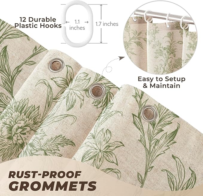 Sage Green Floral Vintage Linen Shower Curtain, French Country Cottagecore Shower Curtains for Bathroom