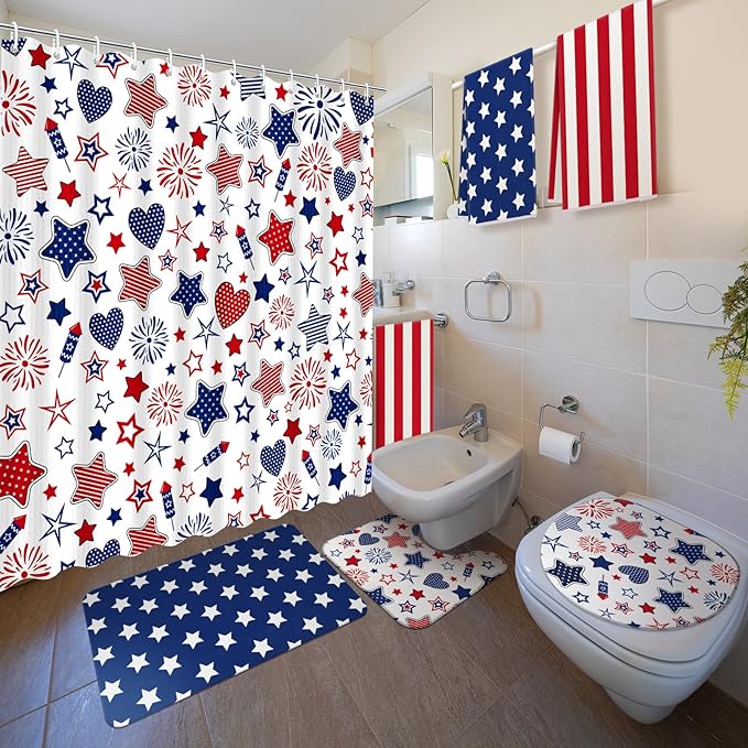 Nuanchu 6 Pcs Patriotic Shower Curtain Set with Rug 4th of July Star Bathroom Sets with Shower Curtain Bath Mat U Shaped Mat Toilet Lid Cover 2 Bath Towels and 12 Hooks Independence Day Bathroom Decor