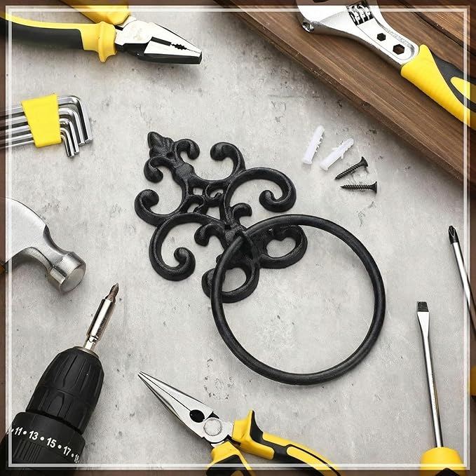 1 Pc Black Vintage Cast Iron Solid Towel Ring Fleur De Lis Design Antique Towel Holder for Bathroom Kitchen Accessories Wall Mounted Christmas Party Gifts