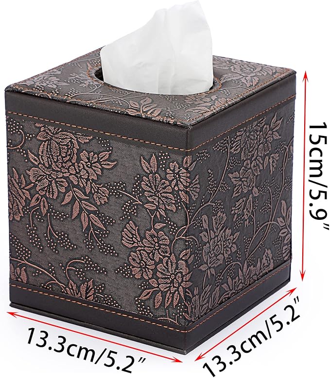 Sumnacon Square Leather Tissue Box Cover - Stylish Cube Tissue Box Holder with Magnetic Bottom, Decorative PU Tissue Box for Vanity Dresser Night Stand Table Countertop Home Office Car, Black Flower