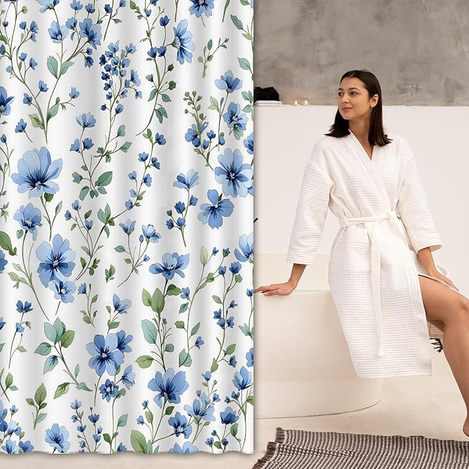 Blue Floral Shower Curtain，Cute Bright Wildflower Rustic Flower Blossom Farmhouse Leaves Botanical Cloth Fabric ，Waterproof Polyester Bathroom Home Decor Set with 12 Hooks，72 x 72 Inch
