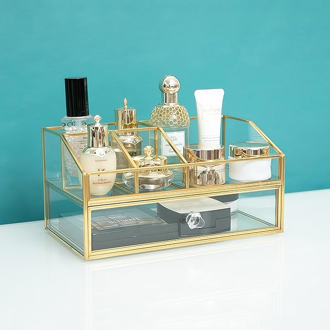 JIARI Glass Makeup Organizer with Drawer, Gold Brass Frame Jewelry Display Box, Nordic Style Cosmetic Storage for Vanity Bathroom Bedroom Office, 9.44x5.43x4.92 Inches (Storage Box-2 Tier)