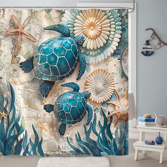 Accnicc Nautical Sea Turtle Shower Curtain Vintage Ocean Teal Blue Turtles Seashell Starfish Shower Curtains for Bathroom 3D Retro Map Beach Coastal Waterproof Fabric Bath Curtain Decor 72 X 72 Inch