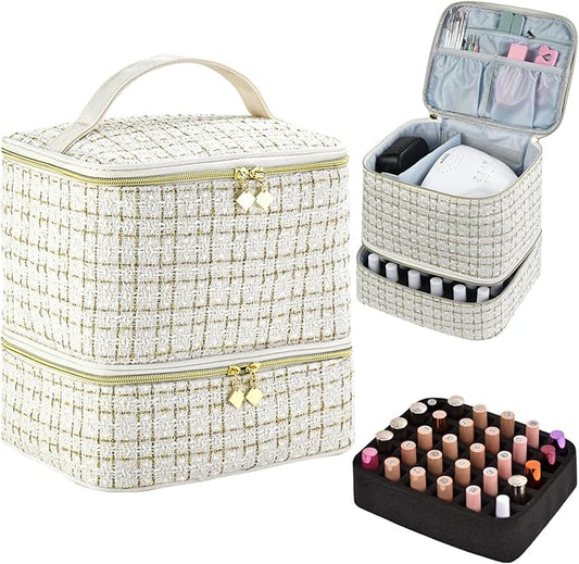 CTWWFS Nail Polish Organizer and Nail Lamp Case, Nail Kit Organizer Holds 30 Bottles (15ml - 0.5 fl.oz) and a Nail Lamp, Nail Polish Carrying Case with Manicure Tools Storage Sections (A-White)