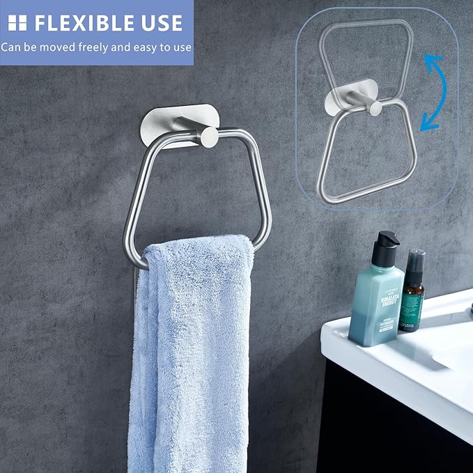 Self-Adhesive Towel Ring, Bathroom Hardware Accessories, 304 Stainless Steel Hand Towel Holder for Bathroom and Kitchen, Ladder Towel Hook, No Drill Installation Wall Mount (Brushed Nickel)