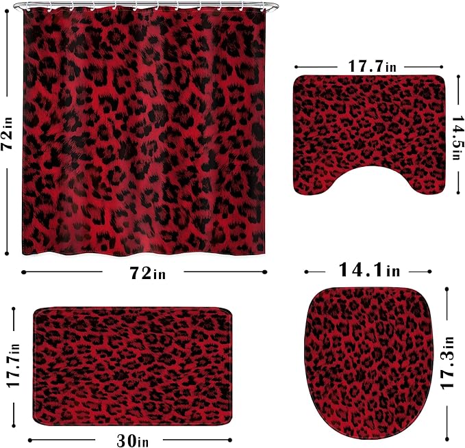 LIGHTINHOME 4 PCS Black Red Leopard Print Shower Curtain Set 72Wx72H,Toilet Lid Cover,Non-Slip Rugs and U-Shaped Mat,Wild Cheetah Bathroom Sets with Rugs with 12 Hooks for Bathroom Decor