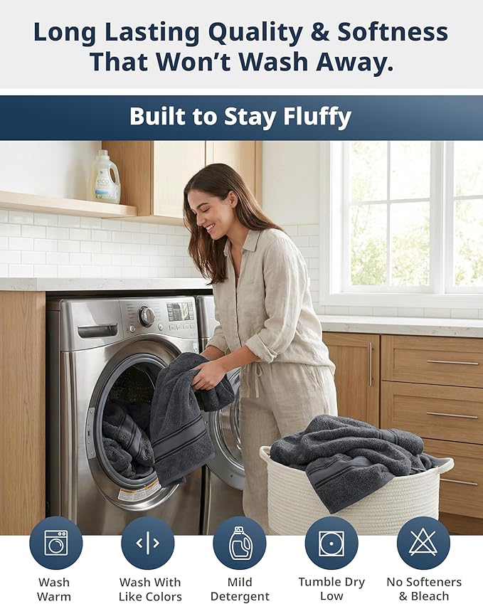 LANE LINEN Luxury Bath Towels Set - 6 Piece, 100% Cotton, Quick Dry, Soft & Absorbent, Zero Twist - 2 Bath Towels, 2 Hand Towels, 2 Washcloths - Cool Grey