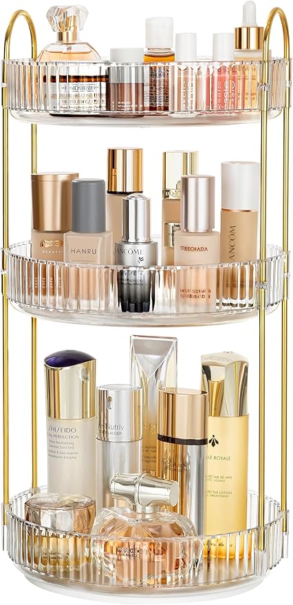 3-Tier Rotating Makeup Organizer, 360° Spinning Cosmetic Storage, 18.5" Height Clear Vanity Display with Gold Metal Frame