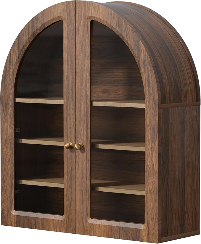 EYYTHUNG Brown Arched Wall Cabinet, Large Wood Bathroom Medicine Cabinet Wall Mounted Cupboard, Modern Floating Storage Cabinet with Acrylic Door Adjustable Shelf, Wood Organizer (Brown-Oak)