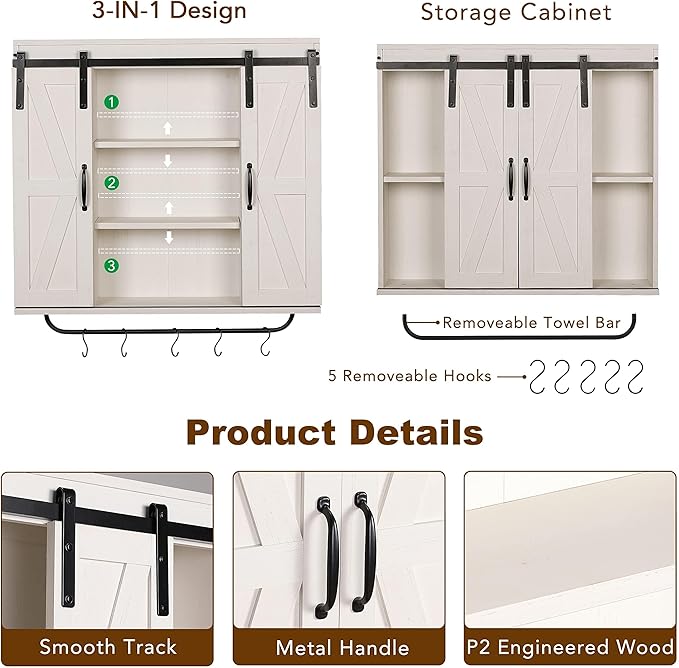 RUSTOWN Rustic Wood Wall Storage Cabinet with Two Sliding Barn Door, 3-Tier Decorative Farmhouse Vintage Cabinet for Kitchen Dining, Bathroom, Living Room, Vintage White